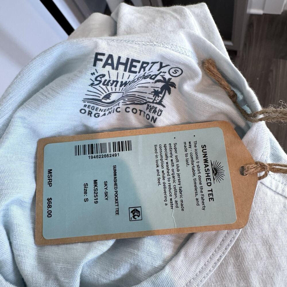 Faherty Sunwashed Pocket Tee Sky Blue Soft Slub Jersey T-Shirt Small NEW Tee - Picture 6 of 7